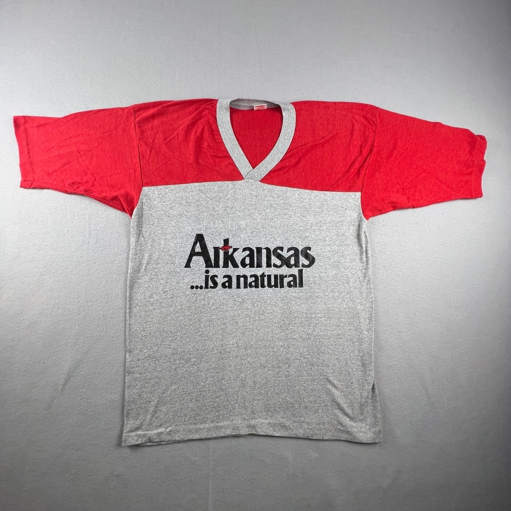 Vintage Arkansas T Shirt Mens XL Gray Red V-Neck 50/50 USA Collegiate Pacific